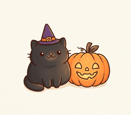 Black cat in a witch hat Halloween drawing to copy
