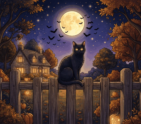 Black cat on a fence under the moon drawing to copy