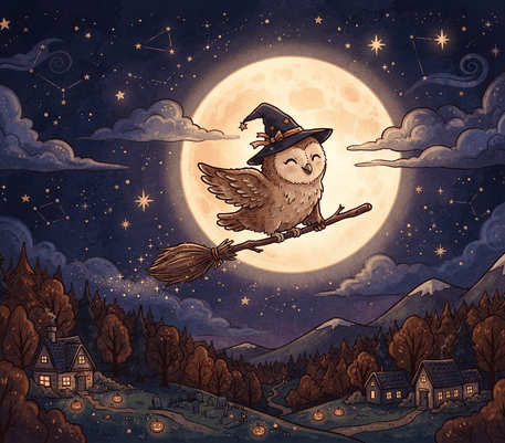 Owl flying on a broom at night Halloween drawing to copy