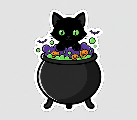 Kitten in a witch cauldron Halloween drawing to copy