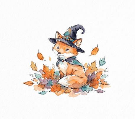 Little fox in a witch hat watercolor drawing to copy