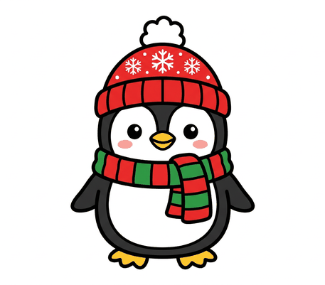 Penguin in a red hat and scarf drawing to copy