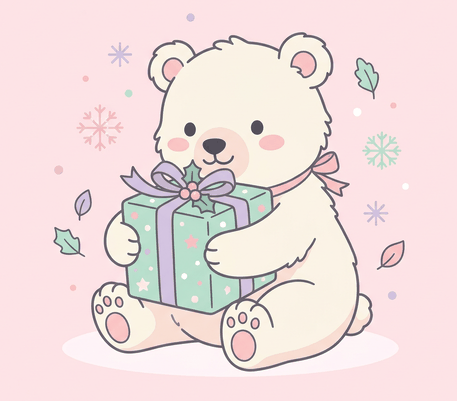 Polar bear cub hugging a gift drawing to copy