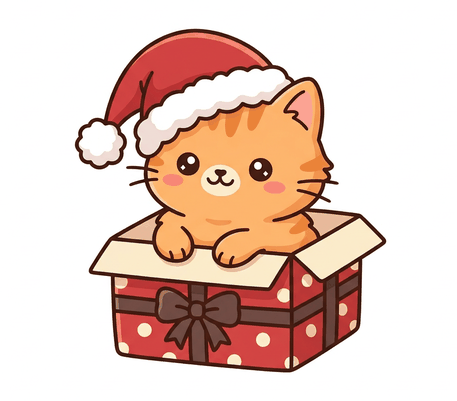 Ginger kitten in a gift box drawing to copy
