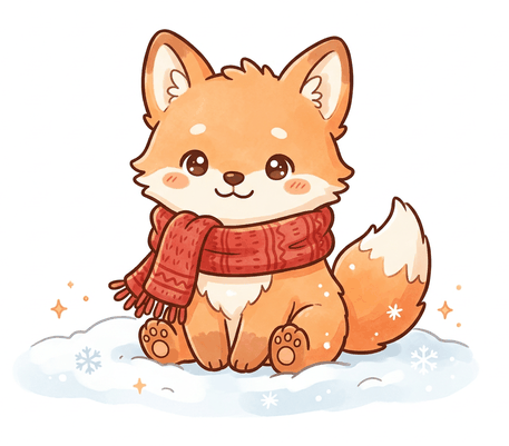 Fox cub in a scarf in the snow drawing to copy