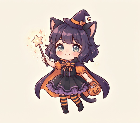 Anime cat girl in a witch costume drawing to copy
