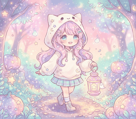 Anime girl in a white hoodie with a lantern drawing to copy