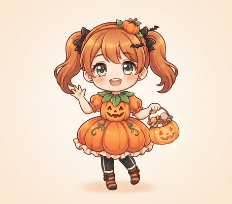 Anime girl in a pumpkin costume drawing to copy