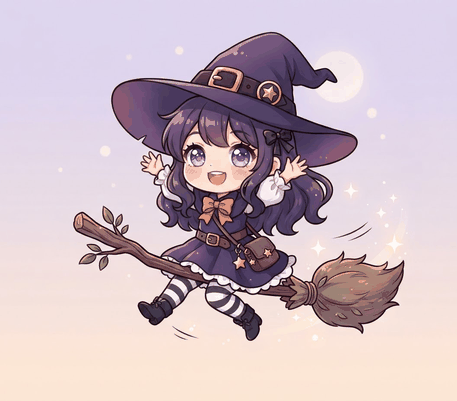 Anime chibi witch girl on a broom drawing to copy
