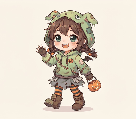 Anime girl in a zombie costume drawing to copy