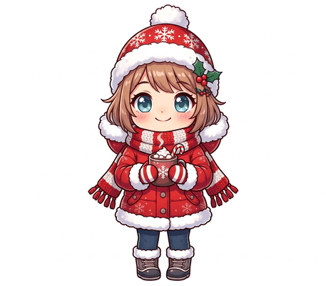 Anime girl in red winter clothes with cocoa drawing to copy