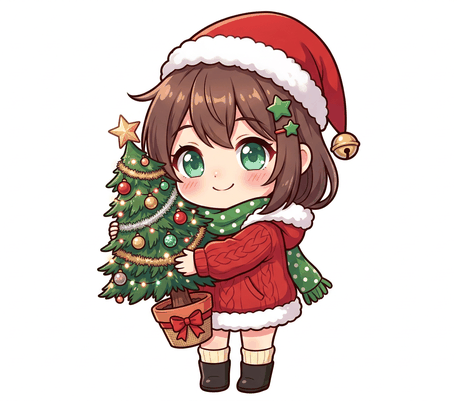Chibi girl hugging a little Christmas tree drawing to copy