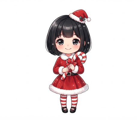 Anime girl in a Santa dress with a candy cane drawing to copy