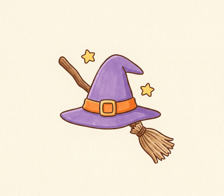 Witch hat and broom Halloween drawing to copy