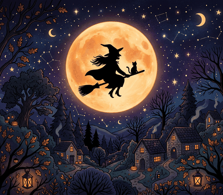 Witch on a broom and the full moon drawing to copy