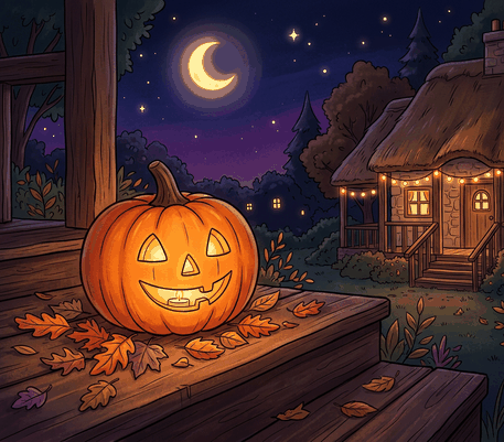 Glowing jack-o-lantern on a porch at night drawing to copy