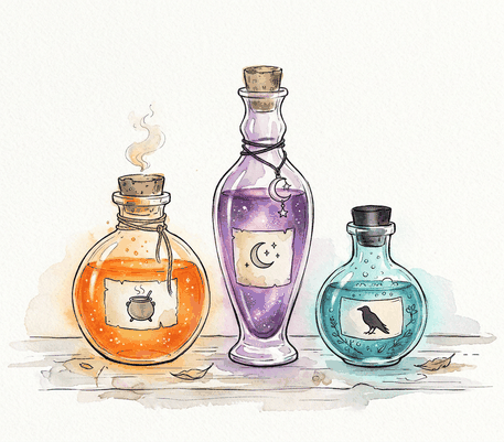 Dibujo en acuarela de frascos de poción para dibujar