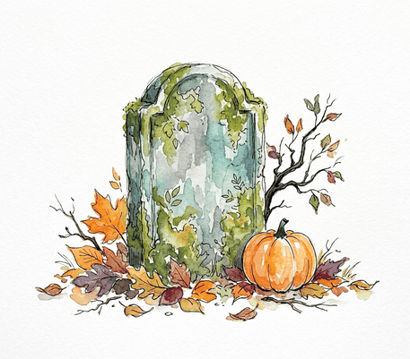 Tombstone with a pumpkin watercolor drawing to copy