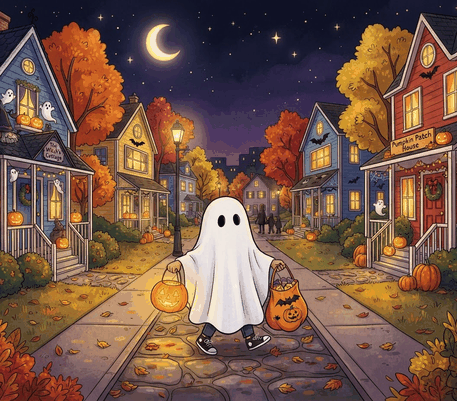 Kid in a ghost costume trick or treating drawing to copy