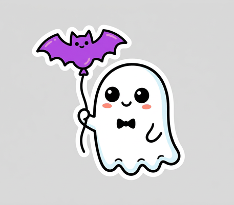 Ghost with a bat balloon Halloween drawing to copy