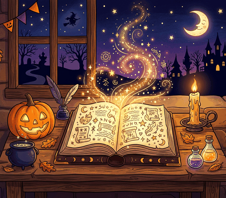 Glowing spell book at night drawing to copy