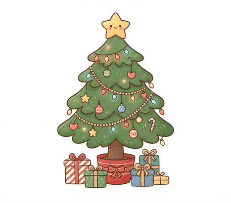 Cute Christmas tree with presents drawing to copy