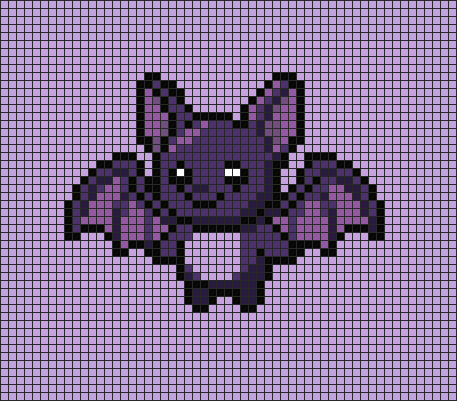 Cute purple bat pixel art on grid paper to copy
