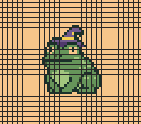 Frog in a witch hat pixel art to copy