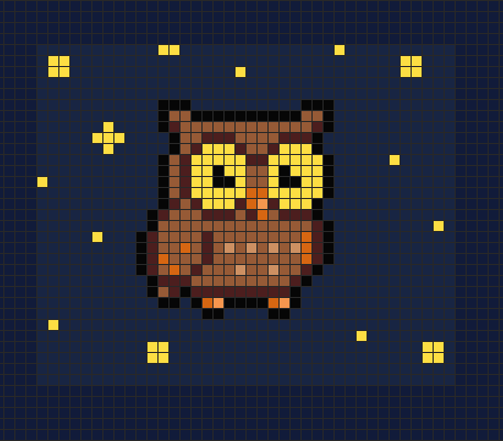 Owl at night pixel art on grid paper to copy