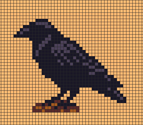 Raven pixel art on grid paper to copy