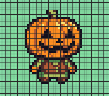 Pumpkin head chibi pixel art on grid paper to copy