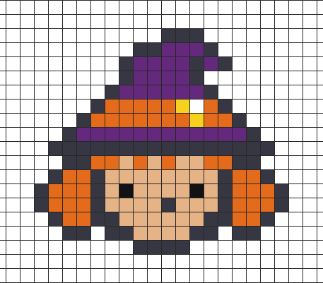 Anime chibi witch pixel art on grid paper to copy