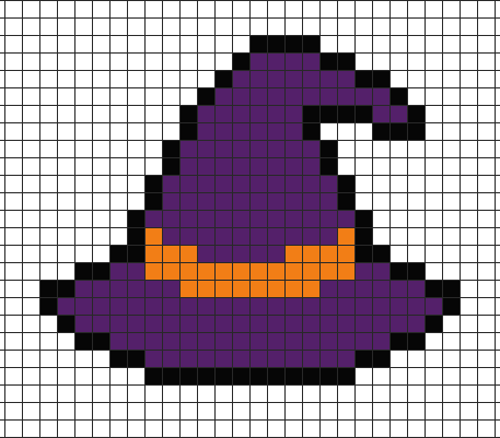 Witch hat pixel art on grid paper to copy