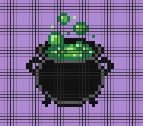 Witch cauldron pixel art on grid paper to copy