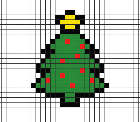 Christmas tree with baubles pixel art on grid paper to copy