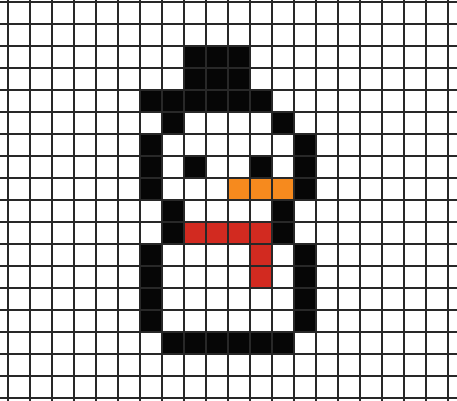 Snowman in a top hat pixel art on grid paper to copy