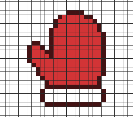Red mitten pixel art on grid paper to copy