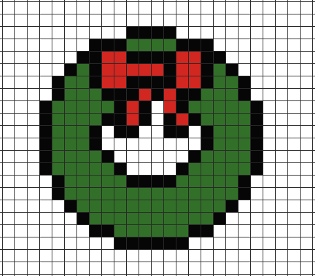 Christmas wreath with a bow pixel art on grid paper to copy