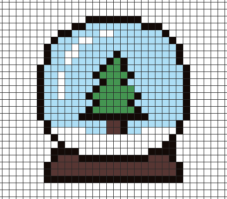 Snow globe with a tree pixel art on grid paper to copy