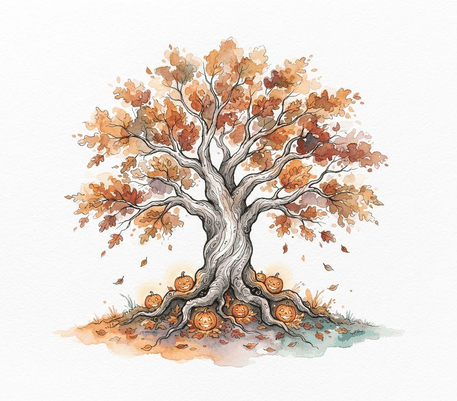 Autumn tree with pumpkins watercolor drawing to copy