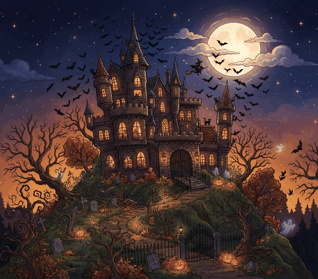 Haunted castle at night drawing to copy
