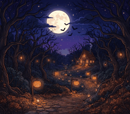 Night forest under the full moon drawing to copy