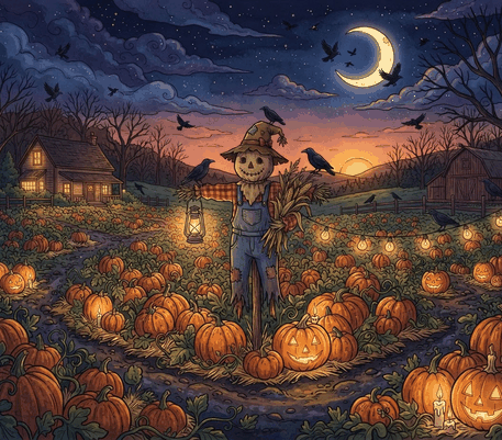 Pumpkin patch with a scarecrow at dusk drawing to copy