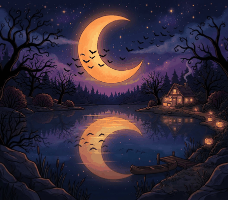 Night lake with an orange crescent moon drawing to copy