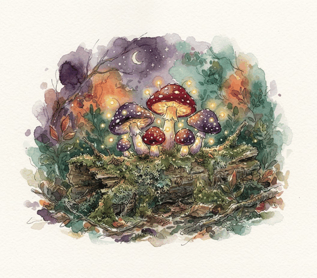 Toadstools on a mossy log watercolor drawing to copy