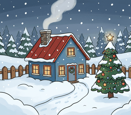 Snowy house with a Christmas tree drawing to copy