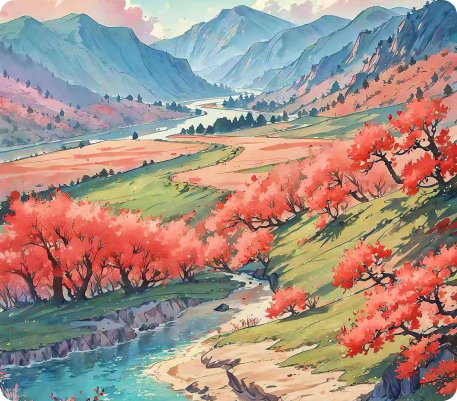 рисунок долины с красными деревьями и горами для срисовки