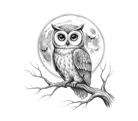 Owl on a branch and the moon pencil drawing to copy