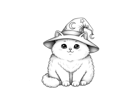Fluffy cat in a witch hat pencil drawing to copy