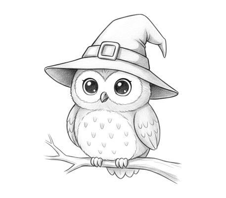 Owl in a witch hat pencil drawing to copy